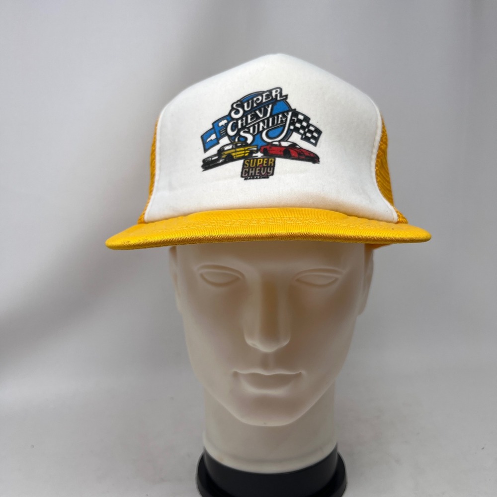 Super Chevy Sunday Trucker Baseball Cap Hat Yellow Mesh Vintage 80s 90s Hot Rod